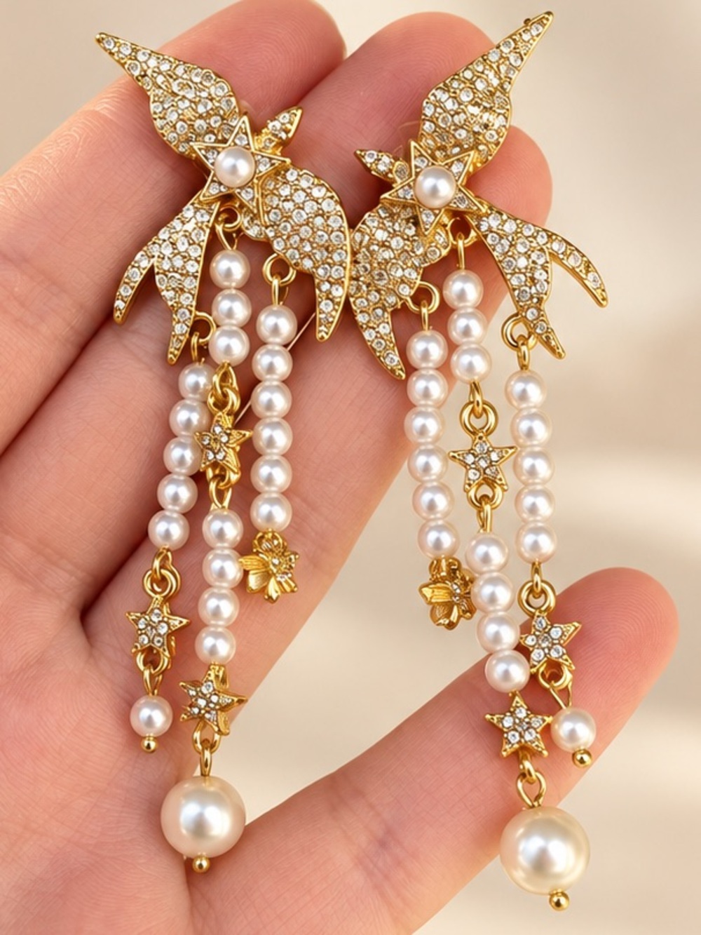 Pearl Drop Floral Dangle Bird Earrings